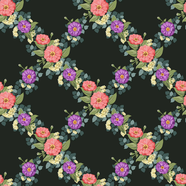 Seamless gorgeous bright pattern in small garden flowers of zinnia. Millefleur. Floral background for textile, wallpaper, covers, surface, print, gift wrap, scrapbooking, decoupage - Vettoriali, immagini