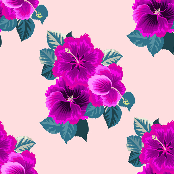 Seamless gorgeous pattern in tropical flowers of hibiscus. Floral exotic background for textile, wallpaper, pattern fills, covers, surface, print, gift wrap, scrapbooking, decoupage. - Vektör, Görsel