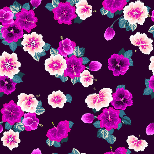 Seamless gorgeous pattern in tropical flowers of hibiscus. Floral exotic background for textile, wallpaper, pattern fills, covers, surface, print, gift wrap, scrapbooking, decoupage. - Vettoriali, immagini