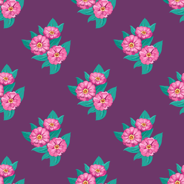 Seamless gorgeous bright pattern in small garden flowers of zinnia. Millefleur. Floral background for textile, wallpaper, covers, surface, print, gift wrap, scrapbooking, decoupage - Vektor, obrázek