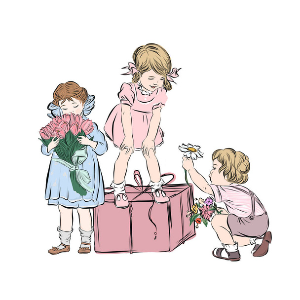 Cheerful boy gives adorable girls camomile. Child congratulates on holiday.  - Vector, Image