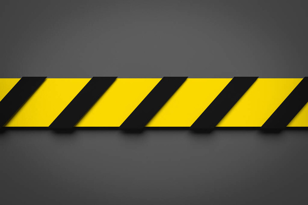 灰色の背景の真ん中に黒と黄色のストライプの3Dイラスト。危険標識を描いた警告テープと離れて滞在する呼び出し。バリアフリーテープエントリーなしのコンセプト.  - 写真・画像