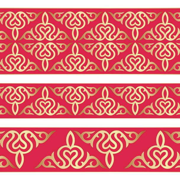 Sada 3 kazašských a kyrgyzských ornamentálních okrajů s diamantovou šablonou. Národní asijský dekor pro vánoční pohlednice, svatební pozvánky, webové stránky, banner, leták, textil a potisk. Vektorová ilustrace - Vektor, obrázek