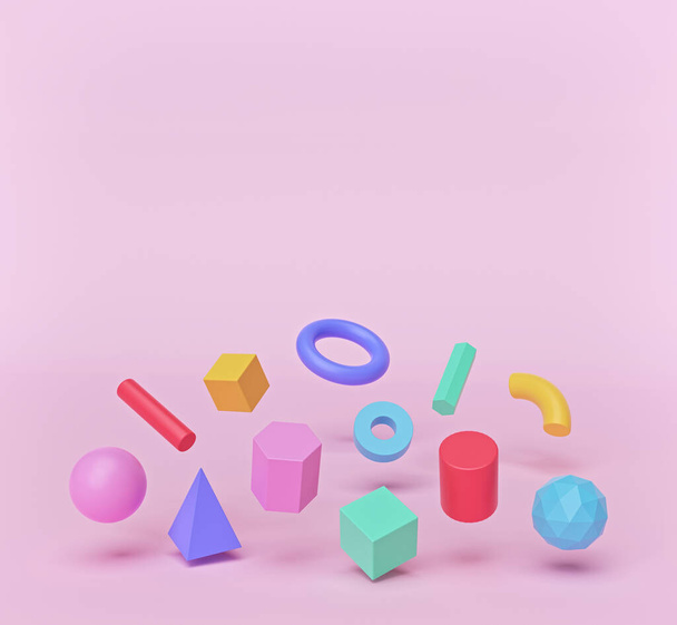 forme geometriche colorate impostate galleggianti su sfondo rosa pastello. concetto minimo con spazio di copia. multicolore oggetti tridimensionali. rendering 3d
 - Foto, immagini
