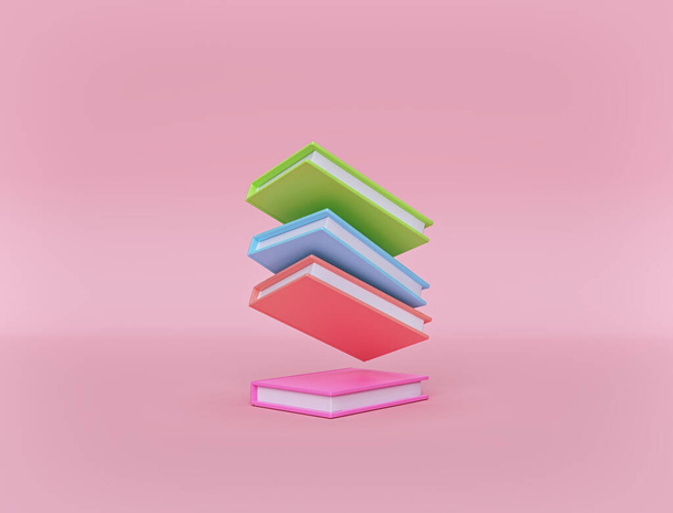minimální mnohobarevné knihy izolované na pastelově růžovém pozadí. Levitace. koncepce vzdělávání. 3D vykreslování - Fotografie, Obrázek