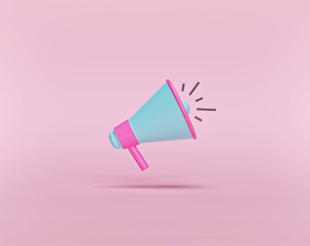 styl kreskówki, minimalny Megafon izolowany na pastelowym różowym tle. promocja biznesu, ogłoszenie, koncepcja reklamy. 3d renderowanie - Zdjęcie, obraz