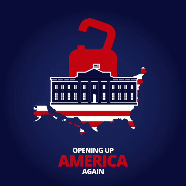 Illustration vector graphic of United States map and White House with padlock symbol. Flag map of United States of America on dark blue background. Opening up America Again and reopening economies. - Vector, Image