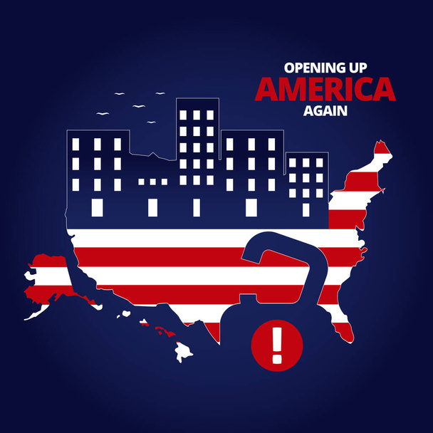 米国地図のイラストベクトルグラフィックに南京錠の記号が入っています。濃い青の背景にアメリカの旗の地図。アメリカを再び開放し、経済の概念を再開する. - ベクター画像