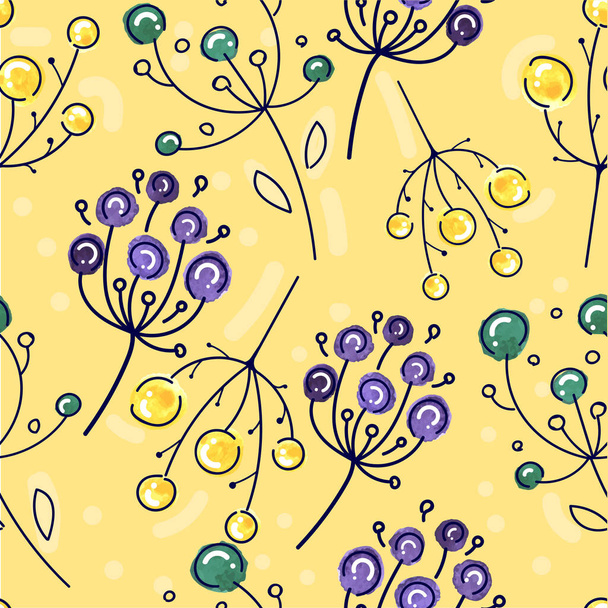 векторний безшовний візерунок у скандинавському стилі, абстрактні жовті, фіолетові та зелені рослини в акварелі з контуром на жовтому фоні, ботанічний орнамент
 - Вектор, зображення
