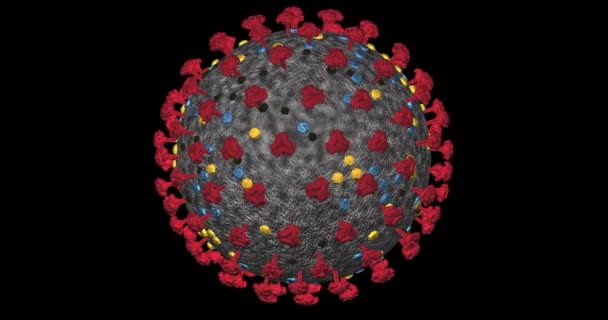 Komórka koronawirusowa COVID-19 zbliża się do czarnego tła. Pętla renderowania 3D 4k z kanałem alfa - Materiał filmowy, wideo