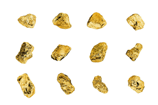 Золоті камені, встановлені на білому тлі, ізольовані крупним планом, колекція золотих самородків, текстура жовтих металевих гірських порід, золота копальня, золота руда, група блискучих золотих грудочок, грубий природний мінерал золотий кубик
 - Фото, зображення