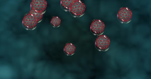 Komórki koronawirusowe na niebieskim tle. Małe kropelki z Covid-19 rozprzestrzeniają patogeny. Pętla renderowania 3D 4k - Materiał filmowy, wideo