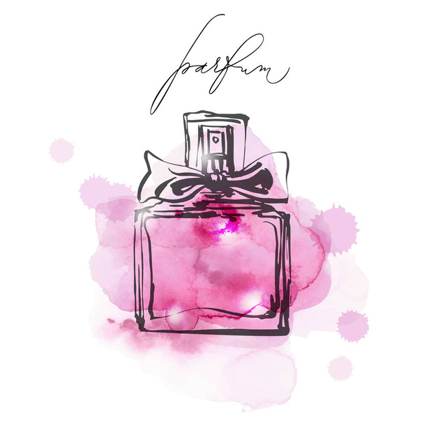 A beautiful bottles of perfume on a lilac watercolor background . Women's perfume. Vector watercolor. Elements for design.Template Vector. - ベクター画像