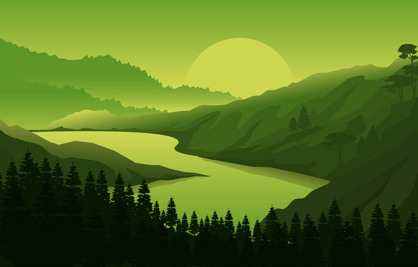 Sunrise Sunset Dağ Ormanı Vahşi Doğa Manzarası Tek Renkli Çizim - Vektör, Görsel