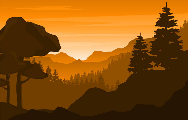 Calm Mountain Forest Wild Nature Scene Landscape Monochrome Illustration - Vector, Image