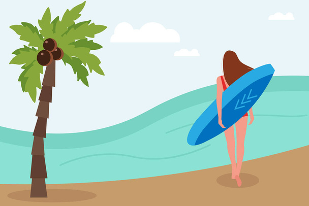 Una chica en un resort tropical. Descanso, mar, palmeras. Comunicación, relajación. Una mujer surfea, monta las olas, se para, camina, nada con una tabla de surf, concepto de viajes y turismo, vacaciones en el mar
. - Vector, imagen