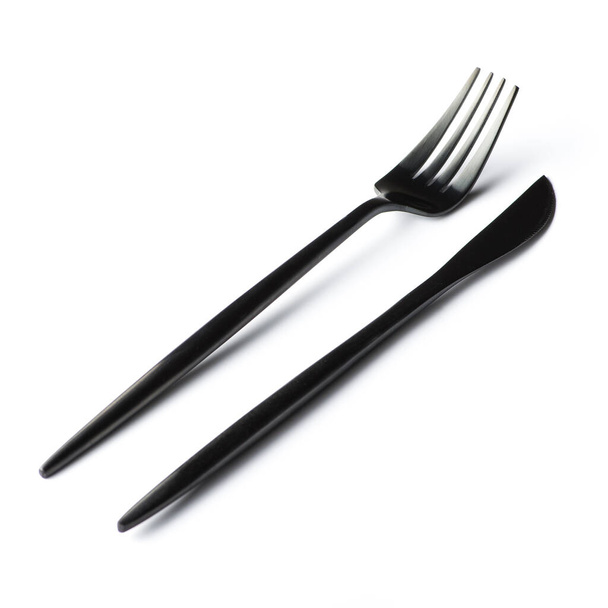black fork and knife isolated on white background - Photo, Image