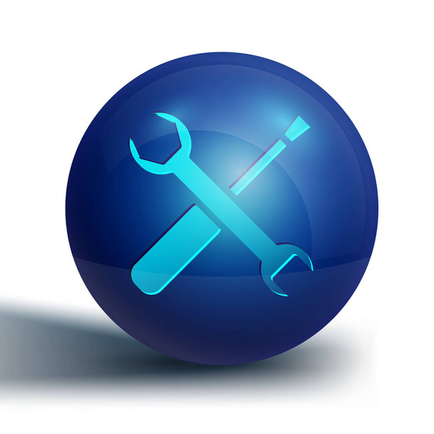 Blauer Schraubenzieher und Schraubenschlüssel Werkzeuge Symbol isoliert auf weißem Hintergrund. Service-Tool-Symbol. Blauer Kreis-Knopf. Vektorillustration. - Vektor, Bild