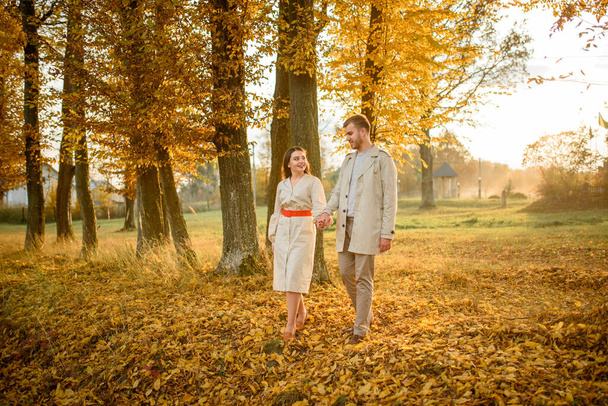 Młoda para w miłości trzyma się za ręce i spaceruje po parku w słoneczny jesienny dzień - Zdjęcie, obraz