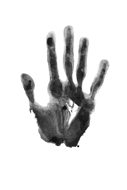 Schwarzer Aquarelldruck der menschlichen Hand weißer Hintergrund isolierte Nahaufnahme, Handabdruck Illustration, monochromen Handflächen und Fingern Silhouette markieren, eine Hand Form gemalten Stempel, Zeichnung Abdruck, Zeichen, Symbol - Foto, Bild