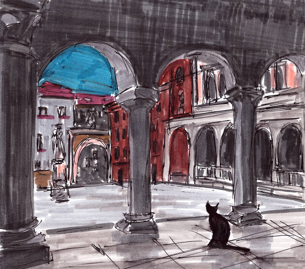 imagen gráfica en color recorrido croquis noche plaza en Verona Italia con una silueta de gato en una logia arqueada. ilustración de alta calidad
 - Foto, imagen