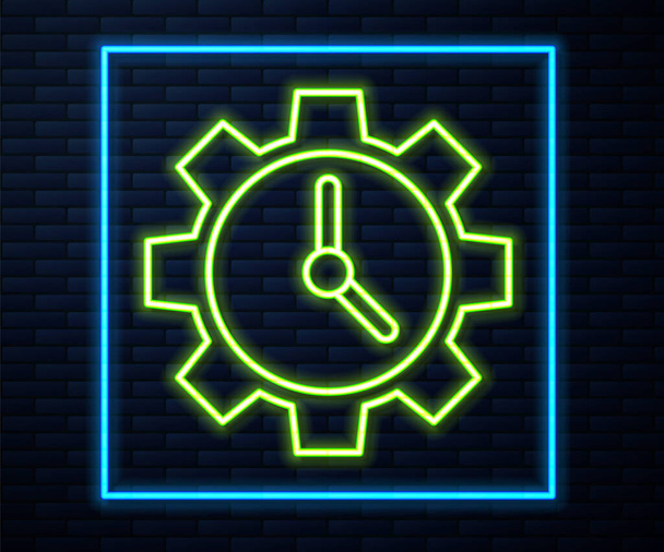 Zářící neonová čára Time Management ikona izolovaná na pozadí cihlové stěny. Hodiny a výbava. Symbol produktivity. Vektorová ilustrace. - Vektor, obrázek