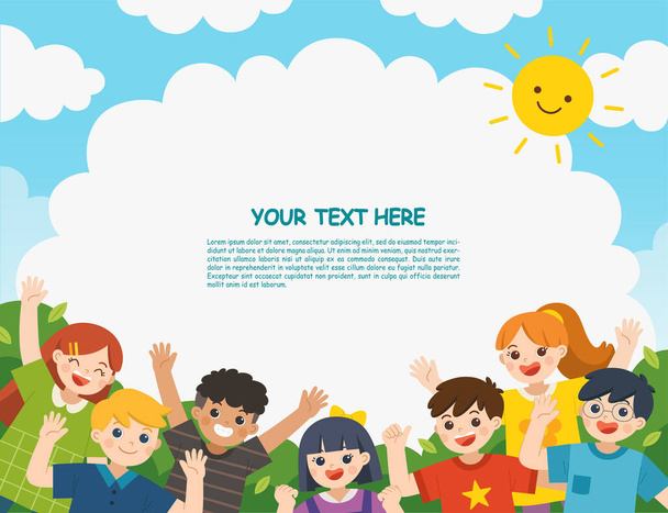 Back to School. Happy children having fun together in nature. Children look up with interest. Art kids. Template for advertising brochure.  - Vector, Image