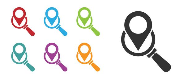 Black Search location icon isolated on white background. Magnifying glass with pointer sign. Set icons colorful. Vector Illustration - Vector, Image