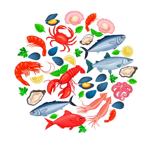 Seafood concept . Vector icons mussel, fish salmon, shrimp, squid, octopus, scallop lobster crab mollusk oyster alfonsino and tuna - Vector, afbeelding