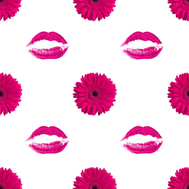 Seamless pattern of pink gerbera flower and lipstick kiss print on white background isolated, daisy flowers and lips makeup stamp repeating ornament, make up wallpaper, beauty backdrop, fashion banner - Photo, Image