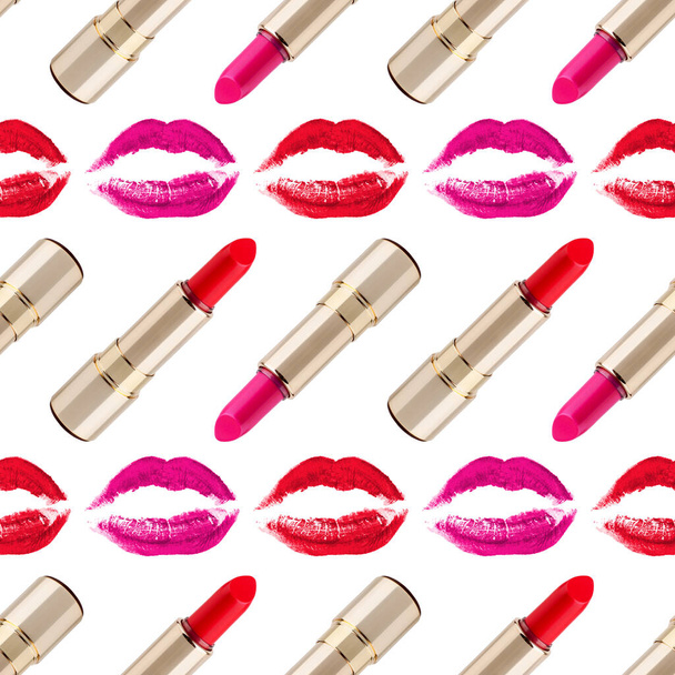 Seamless pattern red kiss print and golden lipstick on white background isolated, open lipsticks and sexy pink lips makeup stamp repeating ornament, cosmetic wallpaper, beauty backdrop, fashion banner - Photo, Image