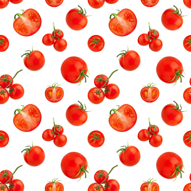 Seamless pattern of red tomatoes on white background isolated closeup, cut and whole cherry tomato repeating ornament, fresh vegetables art wallpaper, healthy natural food concept, trendy print design - Photo, Image