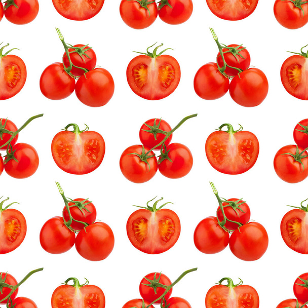 Безшовний візерунок червоних помідорів на білому тлі ізольовані крупним планом, вирізані і цілі вишневі томатні повторювані прикраси, свіжі овочі арт шпалери, здорова концепція природної їжі, модний дизайн друку
 - Фото, зображення