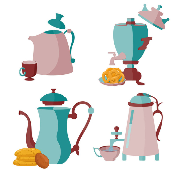 Set of teapots and samovars. Cookies, pretzels. A mug of tea. - Vektor, kép