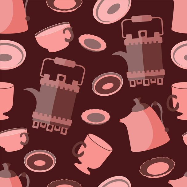 Tea party. Seamless pattern. Kettles, mugs, plates. Burgundy background. vector illustration. Seamless pattern on a burgundy background under the old days. A copper kettle with cups and saucers. Pattern for tea drinking. - Vector, imagen