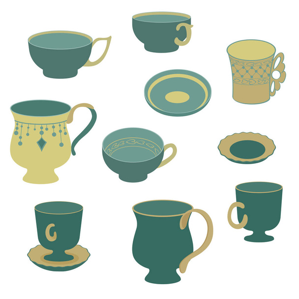 Set of mugs. Mug and saucer. A set of tea mugs. Vector tea set. Coffee mug. - Vektor, kép