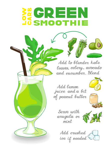 Vector illustration of green detox smoothie cocktail ketogenic recipe - Vector, afbeelding