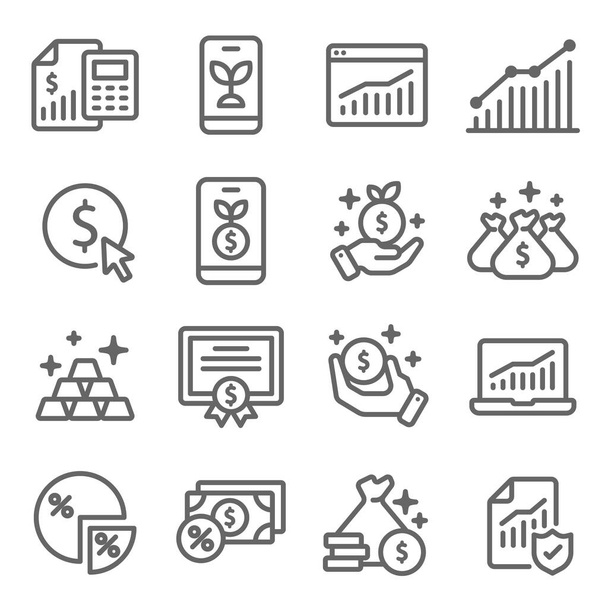Investment symbol icon set vector illustration. Contains such icon as Gold, Portfolio, Certificate, Stock market, Growth, Finance and more. Expanded Stroke - Vektori, kuva