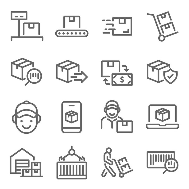 Logistic Shipping Icon Set Vektor Illustration. Enthält Symbole wie Lager, Kurier, Zustellung, Paket, Container und vieles mehr. Erweiterter Schlaganfall - Vektor, Bild