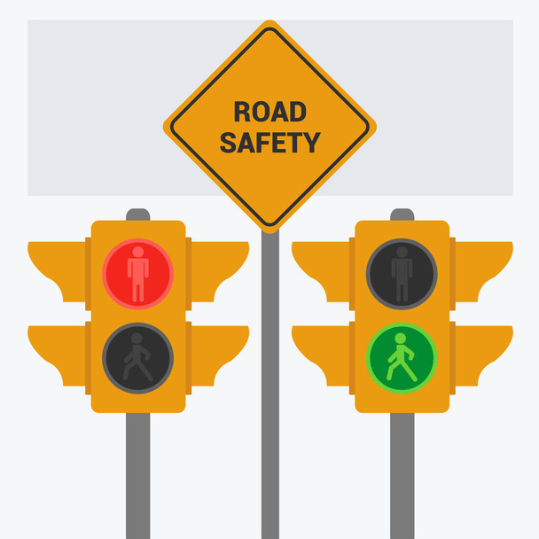 желтый дорожный знак безопасности улица изолированный текст и два светофора значки с красным стоячим персонажем и зеленый ходьба плоский дизайн мультфильм. дорожный знак для пешеходов. Символ остановки и продолжения движения
 - Вектор,изображение