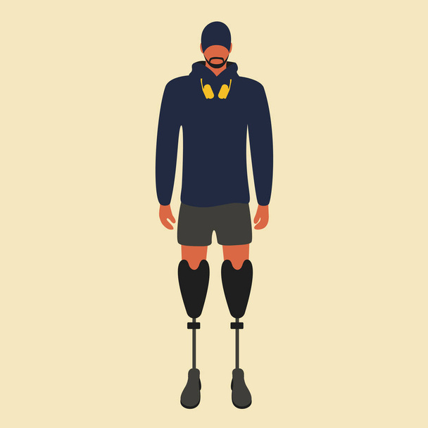 virheellinen urheilija, jolla on kaksi proteesijalkaa tai viileä houkutteleva vammainen mies, jolla on keinotekoinen proteesi seisoo ja kuulokkeet kaulan ympärillä. fit kaveri itsevarma vektori kuva tasainen muotoilu eristetty - Vektori, kuva