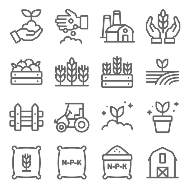 Iconos de agricultura establecen ilustración vectorial. Contiene iconos como agricultura, plantación, fertilizante, valla y más. Carrera expandida.
 - Vector, Imagen