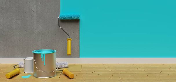 покраска стены с помощью краски ролика. Концепция обновления дома с копировальным пространством. баннер. 3d-рендеринг
 - Фото, изображение