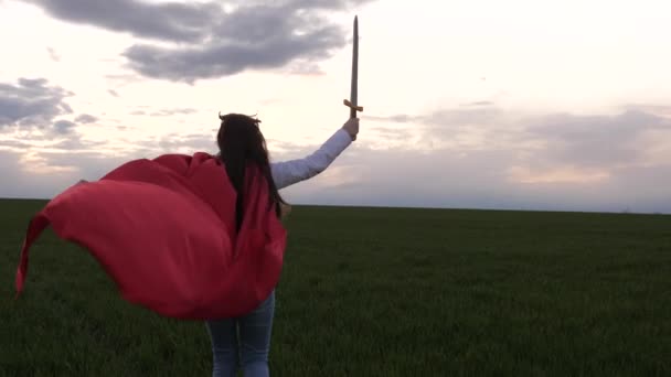 Děti se perou mečem. volná dívka v červeném plášti běží s meči v ruce přes pole a hraje si na středověkého rytíře. mladá dívka hraje super hrdiny. dětská hra rytířů.Happy dětství koncept - Záběry, video