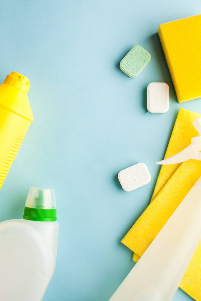 Cleaning products for cleaning, disinfection of the house. concept of cleaner, the cleaning company. Copy space. Flatlay - Foto, Imagem