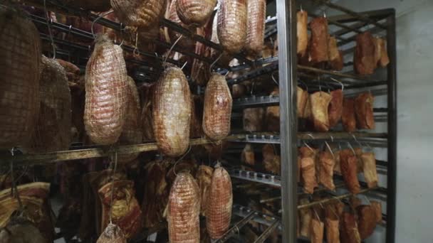 Fleischfabrik Produktion hängen geräuchertes Stück Schweinefleisch - Filmmaterial, Video