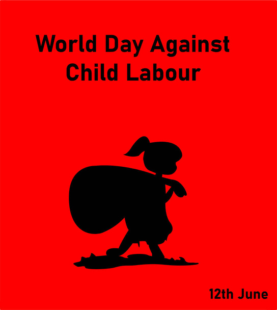 Çocuk işçi günü vektörüne karşı Dünya Günü. Kırmızı arka planda çöp torbası silueti olan şirin bir kız.. - Vektör, Görsel