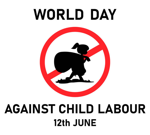 Werelddag tegen kinderarbeid vector. klein meisje met vuilniszak silhouet in verboden teken. - Vector, afbeelding