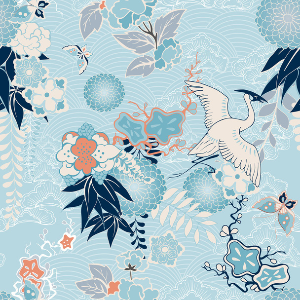 Kimono background with crane and flowers - Vector, afbeelding
