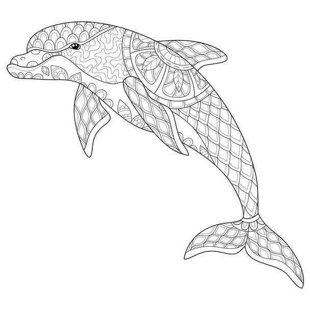 A cute dolphin with ornaments image for relaxing, coloring page for relaxing activity.Zen art style illustration for print.Poster design
. - Вектор,изображение